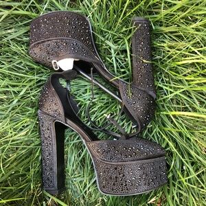 Elegant Rhinestone crystals,Black Platform sandals high Heels .